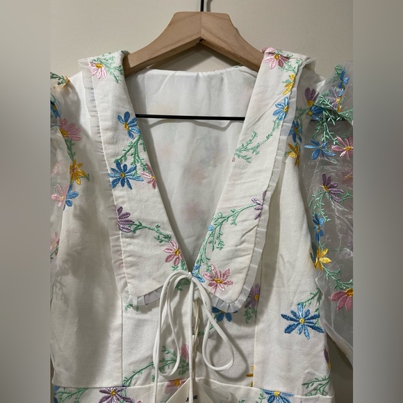 J. ING Sailor Peter Pan Color Floral Embroidered Puff Sleeve Ruffle Dress Small - Picture 6 of 12